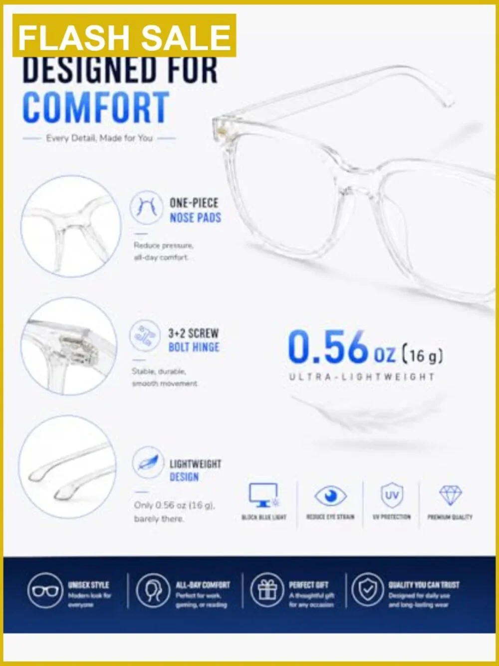 Oversized Square Blue Light Blocking Glasses for Men Women